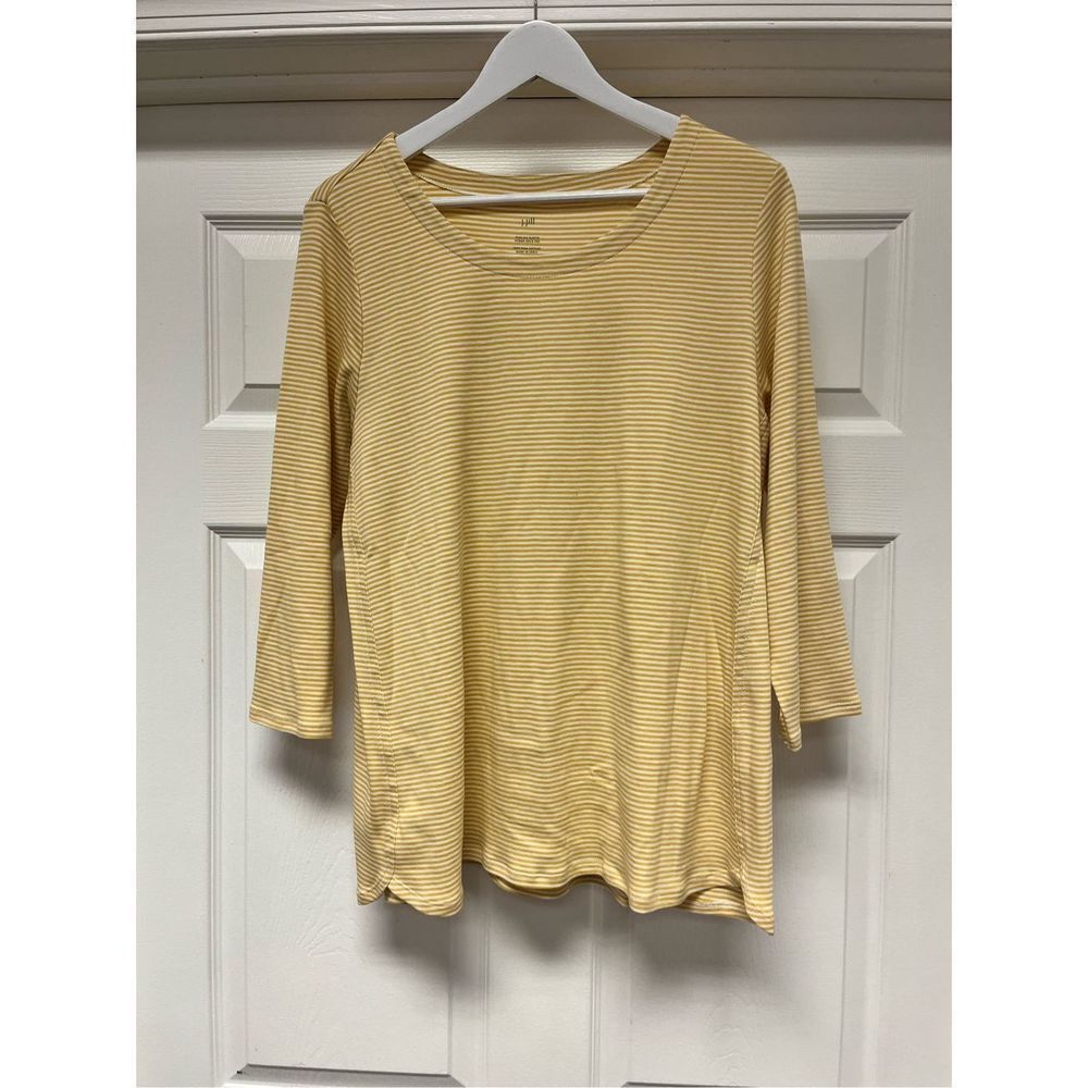 J. Jill Yellow & White Stripe Pima Cotton Scoop Neck 3/4 Sleeve T-Shirt Sz L NWO
